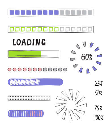 Loading progress bar vector style in doodle style. Updated progress circle bar icons. Loader button. Load progress bar for UI. Upload status collection or download round processのイラスト素材