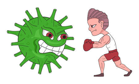 Boxer fight against danger virus. Coronavirus microbes vector in cartoon style. Angry covid-19 virus is attacking.のイラスト素材