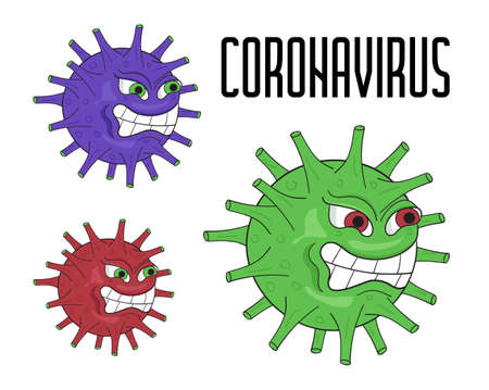 Coronavirus microbes vector in cartoon style. Angry covid-19 viruses are attacking. Lockdown metaphor illustration.のイラスト素材