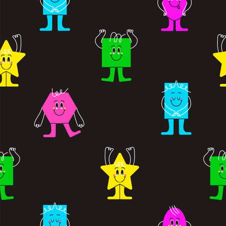Geometric figures pattern with funny face, cute creations with emotions. Different shapes set vector for children's education. Hexagon, star, square are shownのイラスト素材