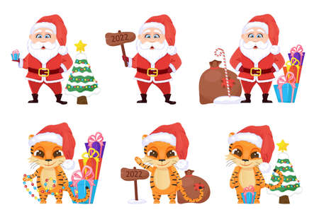 Santa Claus character vector set. Christmas and New Year illustration. Cartoon tiger greeting with Xmas. Wooden desk with lettering 2022, presents and Christmas tree are shown.のイラスト素材