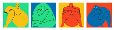 Strange creatures vector set in boho, geometric style. Characters are likley woman, that sit, sad,...