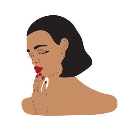 Pretty young woman applying face cream. Skincare procedure, routine day illustration. Application of cosmetic product vector. Tropical leaves, green plant on background. Skin care advertisement.のイラスト素材