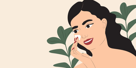 Pretty young woman applying face cream. Skincare procedure, routine day illustration. Application of cosmetic product vector. Tropical leaves, green plant on background. Skin care advertisement.のイラスト素材
