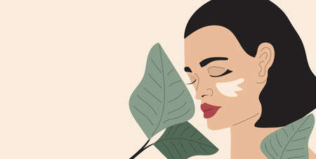 Pretty young woman applying face cream. Skincare procedure, routine day illustration. Application of cosmetic product vector. Tropical leaves, green plant on background. Skin care advertisement.のイラスト素材