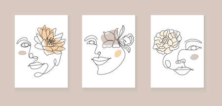 Boho women face vector set. Surreal portrait, girl face with lotus, chrysanthemum, lily flowers in continuous line style. Trendy floral, botanical abstract picture, minimalist art style for posterのイラスト素材