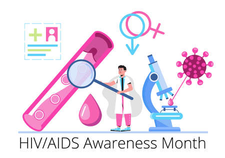 HIV and AIDS Awareness Month in December. Experts found immunodeficiency virus. Tiny doctors check donor blood and looks at the virus through a microscopeのイラスト素材