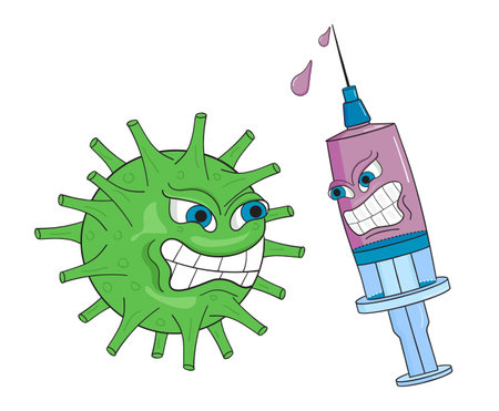 Coronavirus vaccination vector. artoon syringe with a vaccine and the covid virus. Time to vaccinate.のイラスト素材