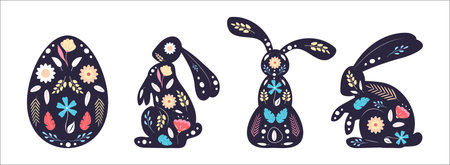 Easter folk rabbits vector set. Organic hand drawn flowers, leaves. Painted Easter bunny, egg collection.のイラスト素材