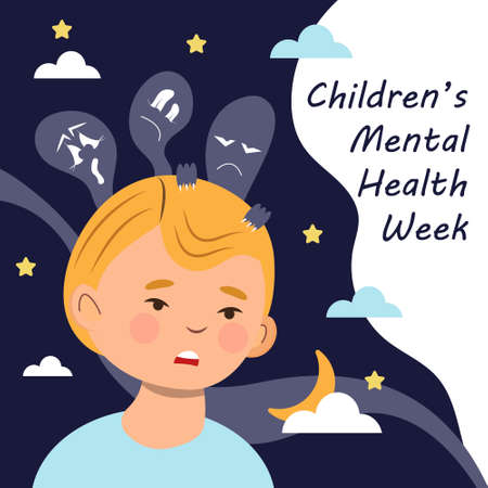 Children mental health week concept vector. Professional psychology consultation illustration. Event in February. Depression, sadness, panic attack. Medical, online, helpのイラスト素材
