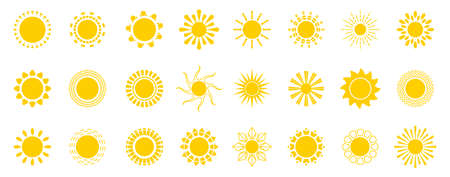 Bright sun icons set vector. Sunset logo in various designs on white isolated background. Yellow sun icon silhouette. Climate, weather, rays elements.のイラスト素材