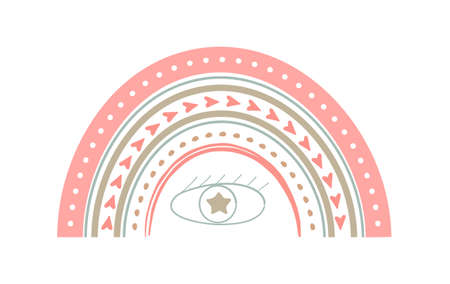 Bohemian cute rainbow vector in pastel colors. Baby abstract, boho rainbows with drops, heart, stars, cloud isolated on white background. Printable poster illustration for kids fabric paper.のイラスト素材