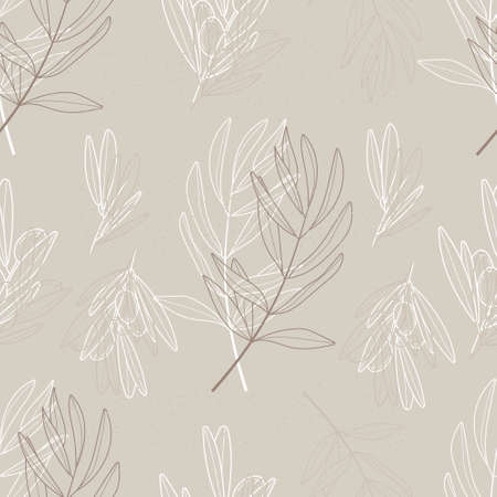 Olive branch wallpaper vector. Boho abstract seamless pattern. Floral, line, botanical fabric illustration in beige color.のイラスト素材