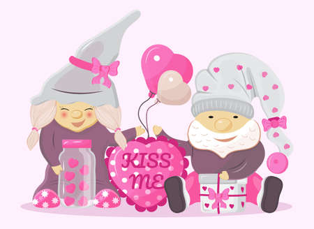 Valentine gnome concept vector. Cute cartoon elf holding in hands valentine's day heart card, pink, balloon. Funny, sweet dwarfのイラスト素材