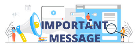 Attention please concept vector. Tny people speak loudly. Megaphone, prize, award paper are shown.のイラスト素材