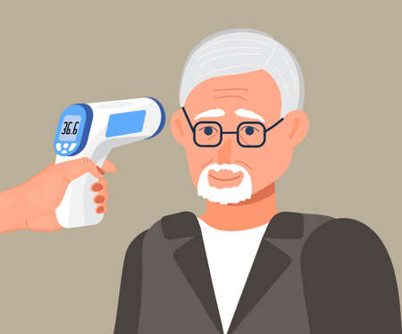 Body temperature check is required. Non-contact thermometer in hand. Hand holding contactless thermometer.のイラスト素材
