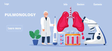 Phthisiologist, pulmonologist concept vector for the landing page, header, blog. Scene of tuberculosis, pneumonia, lung diagnosis x-ray machine, tiny doctors treat, scan lungs. stop smoke.のイラスト素材
