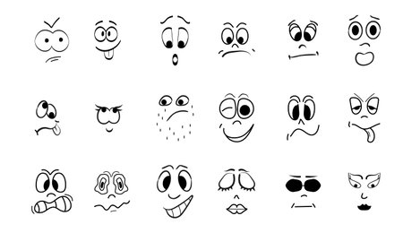 Crazy faces vector set in line art style. Emotion, avatar, caricature symbols. Faces, eyes, grimaces, hand drawn with a marker. Happy and sad emotions.のイラスト素材