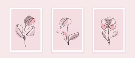 Boho floral, flower violet, cornflowers vector set in line art style. Botanical wall art abstract vectors. Ethnic tribal tulips in hand drawn style with bohemian spots.のイラスト素材