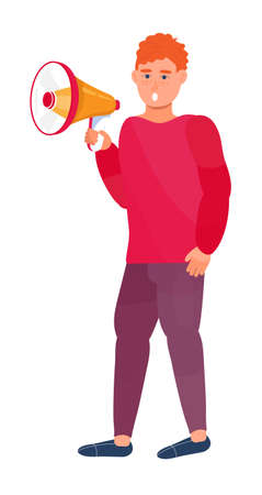 Man takes megaphone in hands. Megaphone icon vector in flat trendy style. Speaker, adertisement concept vector.のイラスト素材