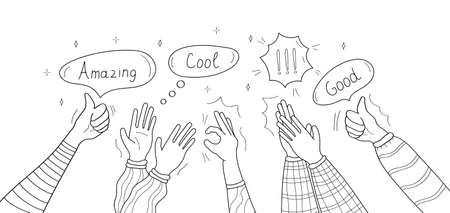 hands vector in doodle style. Hand drawn clapping human hands doodle set. Cool, OK sign. Thumb up hand gesture, good bubble, like giving. Greeting celebration or ovation.のイラスト素材
