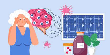 Alzheimer old woman, neurology health care, Parkinson or dementia metaphor are shown. Senses diseases for medical website. International Day of Older Persons, Alzheimer.のイラスト素材