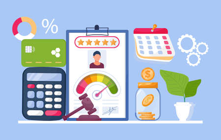 Credit score concept vector. Bank managers examine the client credit history from bad to good. Payment history measurement tool. Credit card, indicator, money are shown.のイラスト素材