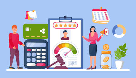 Credit score concept vector. Bank managers examine the client credit history from bad to good. Payment history measurement tool. Credit card, indicator, money are shown.のイラスト素材
