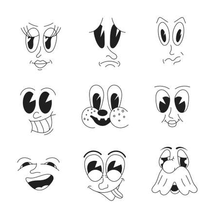 Mascot characters set vector in retro 30s cartoon style. Cute, funny faces, as examples of 50s, 60s old animation style.のイラスト素材
