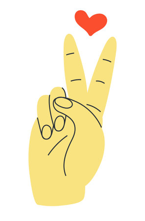 Colorful hand show victory sign. Different gestures sign vector. Human hand with heart shape. Like, feedback, donation symbol illustartion.のイラスト素材
