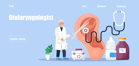 Otolaryngologist vector web template for landing page, header. Tiny doctors treat and exemine patient ear, nose and throat. Otolaryngology health careconcept. Tiny doctor give hearing aid.のイラスト素材