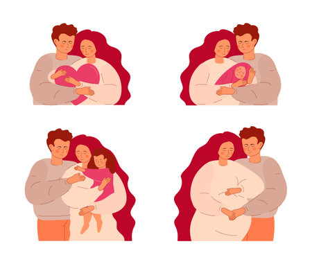 Husband hugs his wife. Young woman holds her little daughter in her arms. Happy motherhood and fatherhood. Portrait of a happy family. Couple in love, girl and boy holds big heart.のイラスト素材