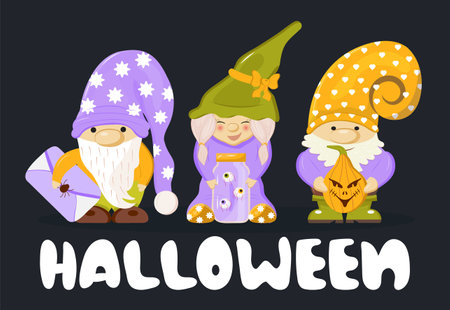 Halloween gnome invite card vector. Happy hallowen design. Funny girl dwarf illustration. Hallowen troll with pumpkin for banner, t-shirt.のイラスト素材