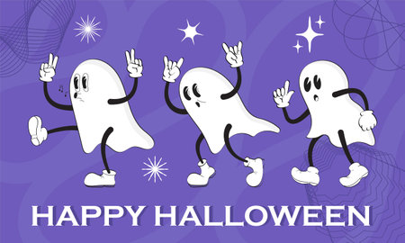 Halloween mascot in retro style. Halloween characters including ghosts with gloved hands. Boo banner pack of funny cartoon characters in 90s style.のイラスト素材