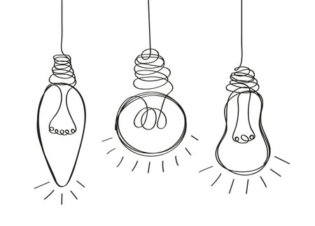Light bulb set vector in line, dodle style. Hand drawn electrical lamps, bulbs. Process of solving, unleashing problems. Brainstorming vector concept. Lightbulb with line curve.のイラスト素材