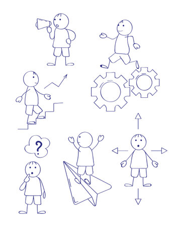 Stick figures for presentations in doddle style. Line art human, businessman. Different poses of walking,thinking, running.のイラスト素材