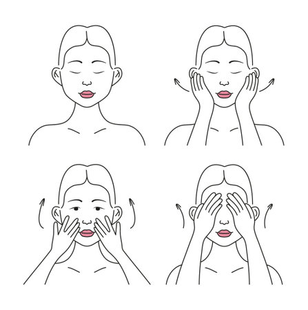 Facial massage. Facial skin care at home. Beautiful girl applies cream, tonic, gel on the skin.のイラスト素材