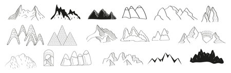 Mountains doodle icons vector set. Rocks silhouettes sets. Mountain ranges and tops in a linear style. Winter hiking.のイラスト素材
