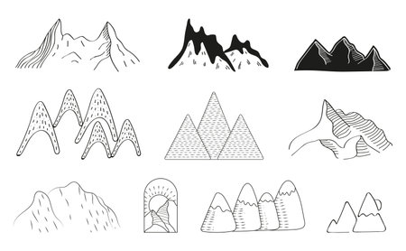 Mountains doodle icons vector set. Rocks silhouettes sets. Mountain ranges and tops in a linear style. Winter hiking.のイラスト素材