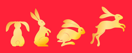 Chinese New Year 2023. Golden Christmas bunny with asian ornament. Symbol of new yearのイラスト素材