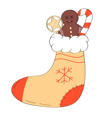 Groovy Santa socks vector in retro, y2k style. Santa decoration with gingerbread, star, stick.のイラスト素材