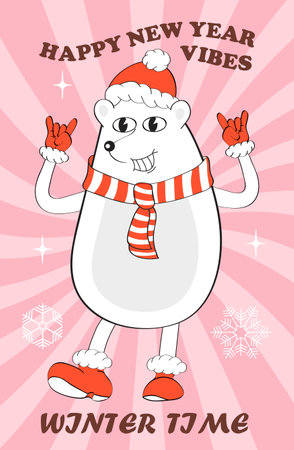 Groovy Christmas banner vector. Crazy, funny white bear, New Year poster. Cute mascot character in 60s, 70s style. .のイラスト素材