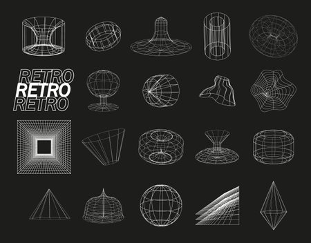Retrofuturistic, wireframe line elements vector set. Perspective grids in cyberpunk style. Polar grid, portals circle. Abstract geometry, blackholeのイラスト素材