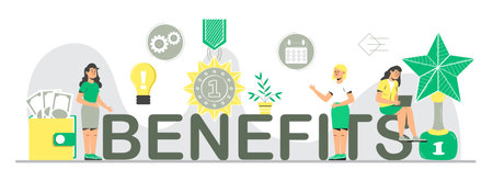 Benefits for worker, buyer. Employee, teamwork benefits package vector for web, UI, banner, social net story.のイラスト素材