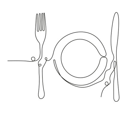 One continuous cutlery vector. Line plate, khife and fork illustrationのイラスト素材