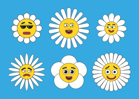 Crasy, groovy hippie 70s, 60s, 50s set vector. Plant character with mascot. Crazy mems of eyes and mouths. Sad, happy emotions . Funny cartoon chamomileのイラスト素材