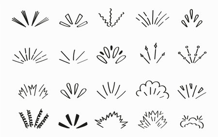 Sunburst doodle splash elements vector set. Glitter stars in hand drawn style. Sketch burst shapes, shining line starburst signs.のイラスト素材