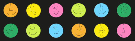 Funny round faces icon set vector in cartoon style. Colorful circle grimace characterのイラスト素材