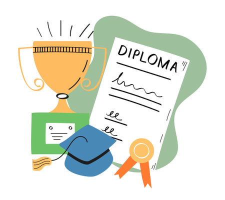 First place doodle icon. Winner prize, champion cup, ribbon in hand drawn style. Medals and diploma vector. Champion cup in sketch style.のイラスト素材