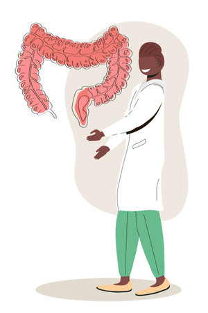 Gastroenterologists research intestine. Gastritis, stomach ulcer illustration. Intestine, stomach doctor examine, treat dysbiosis.のイラスト素材